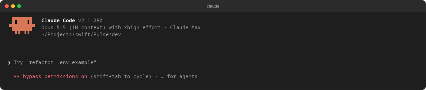 The Claude Code start screen in a terminal, version 2.1.280, running Opus 5.5 on a Claude Max plan, with bypass permissions switched on